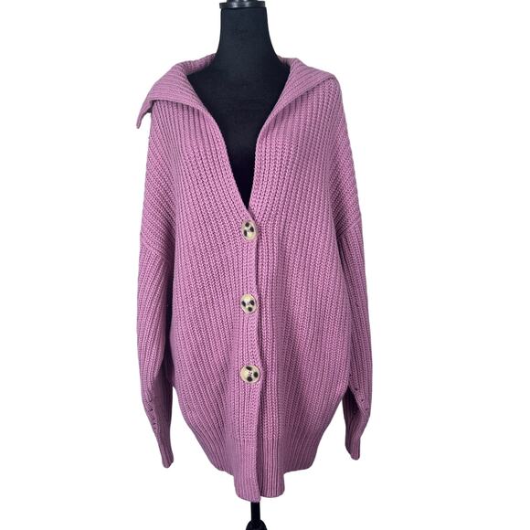 Free People Swim Too Deep Cardigan size M Pink Button Chunky Slouchy Sweater NWT - Picture 2 of 7